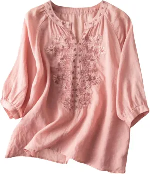 Vintage Floral Embroidery Cotton Linen Tops Women Short Sleeve Casual Loose Retro Summer V Neck Blouses