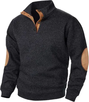 Vintage Polo Sweatshirt for Men 2024 Trendy Stand Collar Long Sleeve Patterned Pullover Elbow Patch Button Casual Top