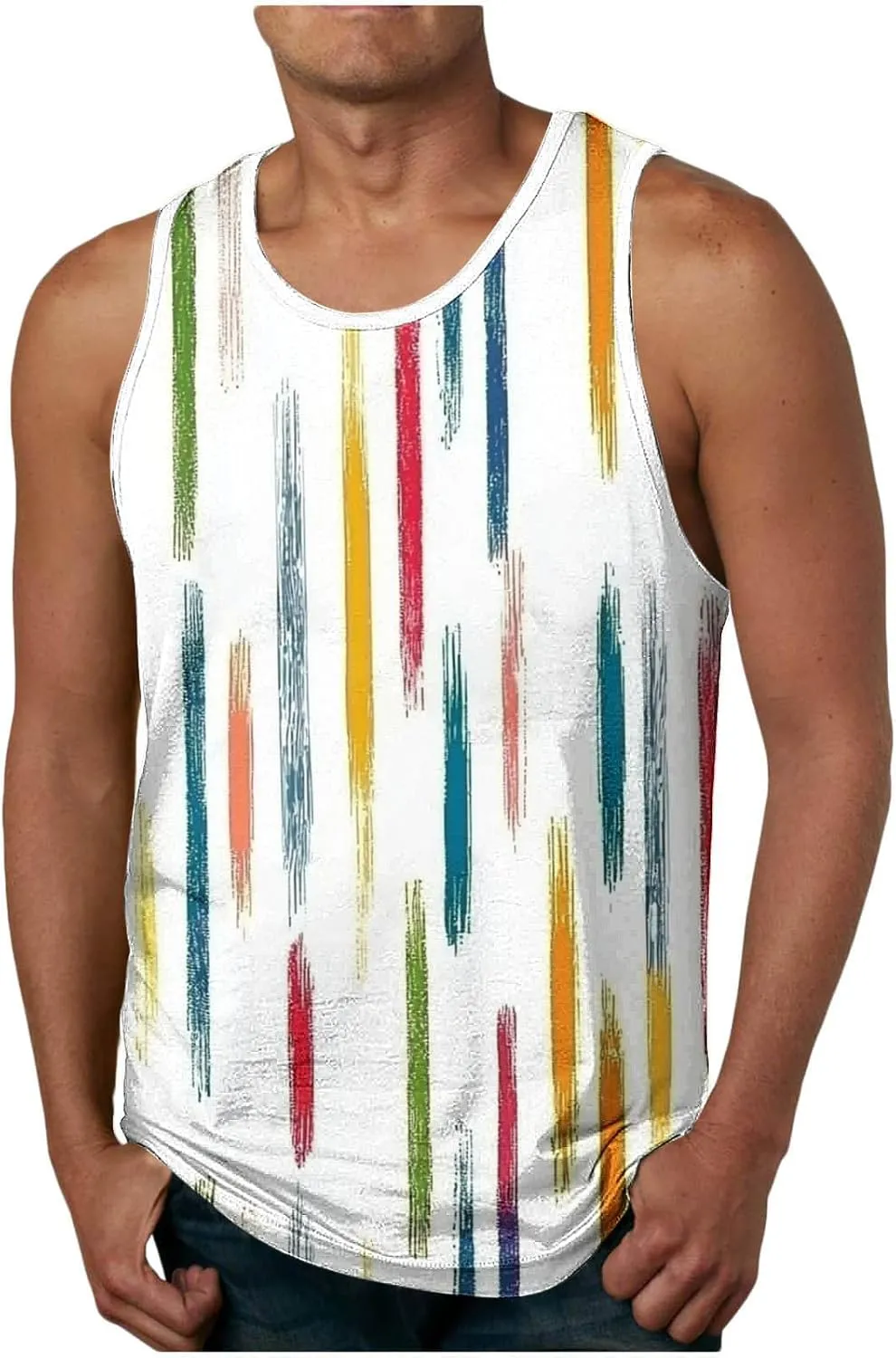Vintage Striped Mens Muscle Tank Tops - Casual Crew Neck Summer Gym Workout Sleeveless Beach Tee Shirts