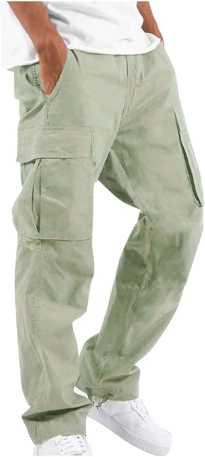 WENKOMG1 Casual Cargo Pants for Men Solid Camo Casual Hiking Pants Workout Joggers Drawstring Multi Pocket Sweatpants