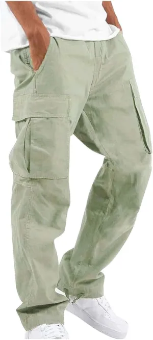 WENKOMG1 Casual Cargo Pants for Men Solid Camo Casual Hiking Pants Workout Joggers Drawstring Multi Pocket Sweatpants