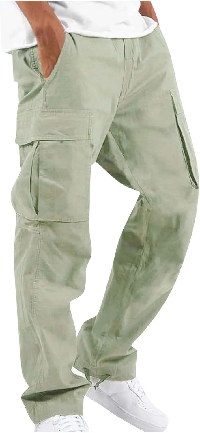 WENKOMG1 Casual Cargo Pants for Men Solid Camo Casual Hiking Pants Workout Joggers Drawstring Multi Pocket Sweatpants