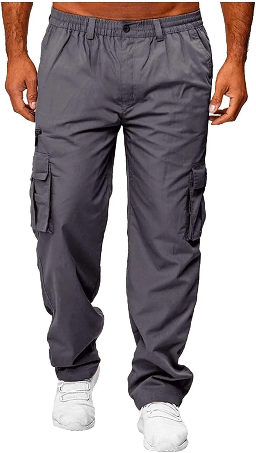 WENKOMG1 Mens Casual Cargo Pants Lightweight Multi Pockets Tactical Pants Straight Leg Breathable Summer Workwear