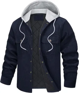 WENKOMG1 Mens Corduroy Coat Winter Fall Quilted Lined Shirt Jacket Long Sleeve Snap Button Down Hooded Outerwear Jacket