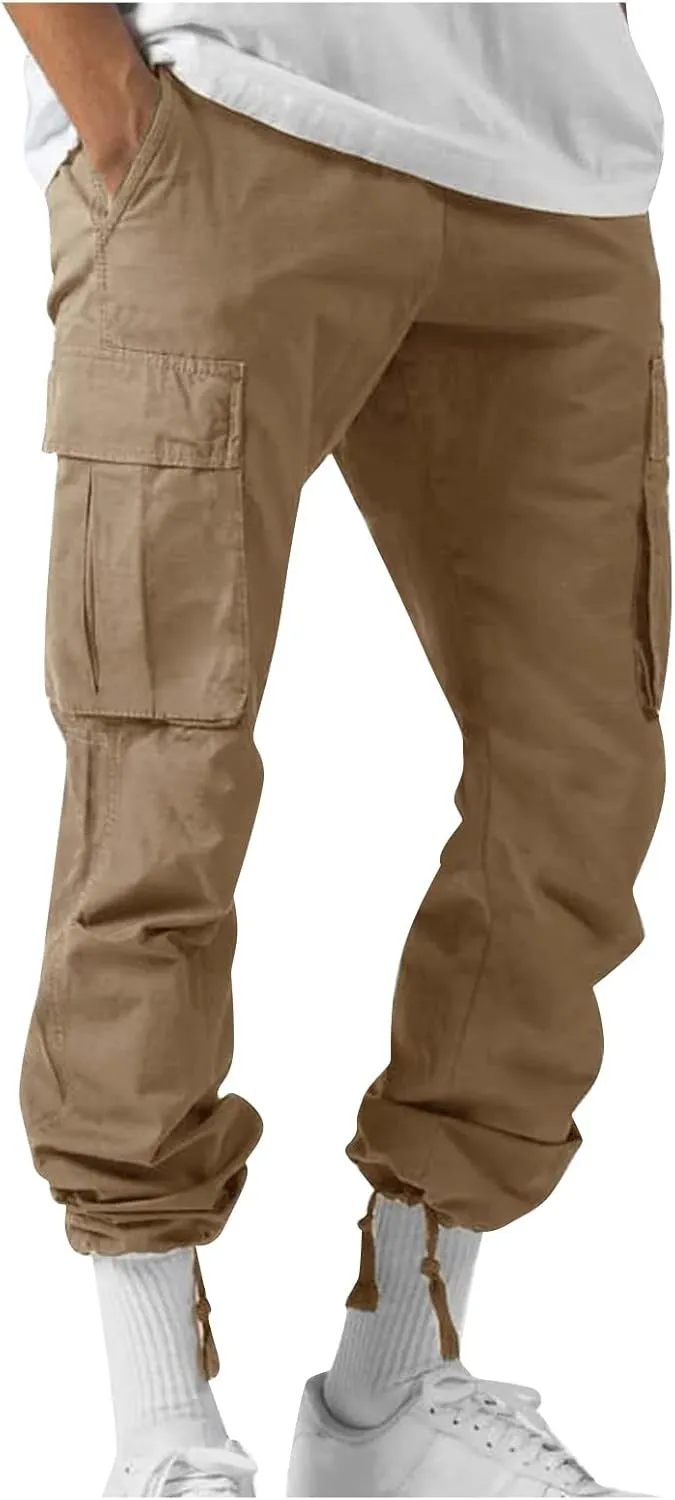 WENKOMG1 Mens Cotton Cargo Pants,Solid Elastic Waist Straight Leg Slacks Drawstring Trousers Slim Fit Bottoms for Men