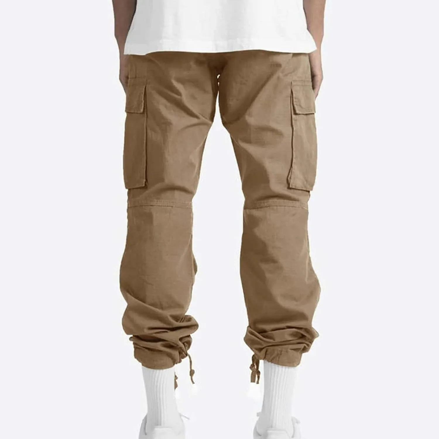 WENKOMG1 Mens Cotton Cargo Pants,Solid Elastic Waist Straight Leg Slacks Drawstring Trousers Slim Fit Bottoms for Men