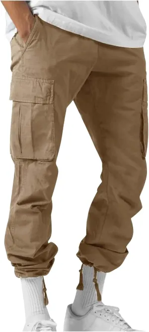 WENKOMG1 Mens Cotton Cargo Pants,Solid Elastic Waist Straight Leg Slacks Drawstring Trousers Slim Fit Bottoms for Men