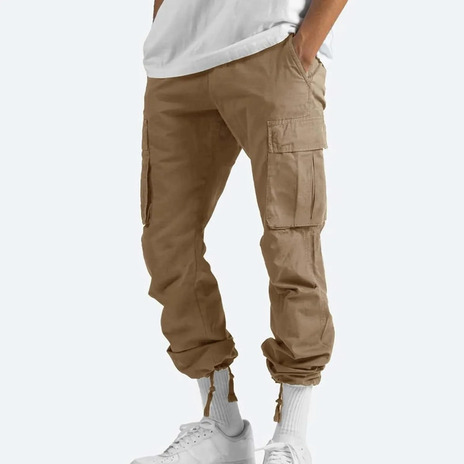 WENKOMG1 Mens Cotton Cargo Pants,Solid Elastic Waist Straight Leg Slacks Drawstring Trousers Slim Fit Bottoms for Men