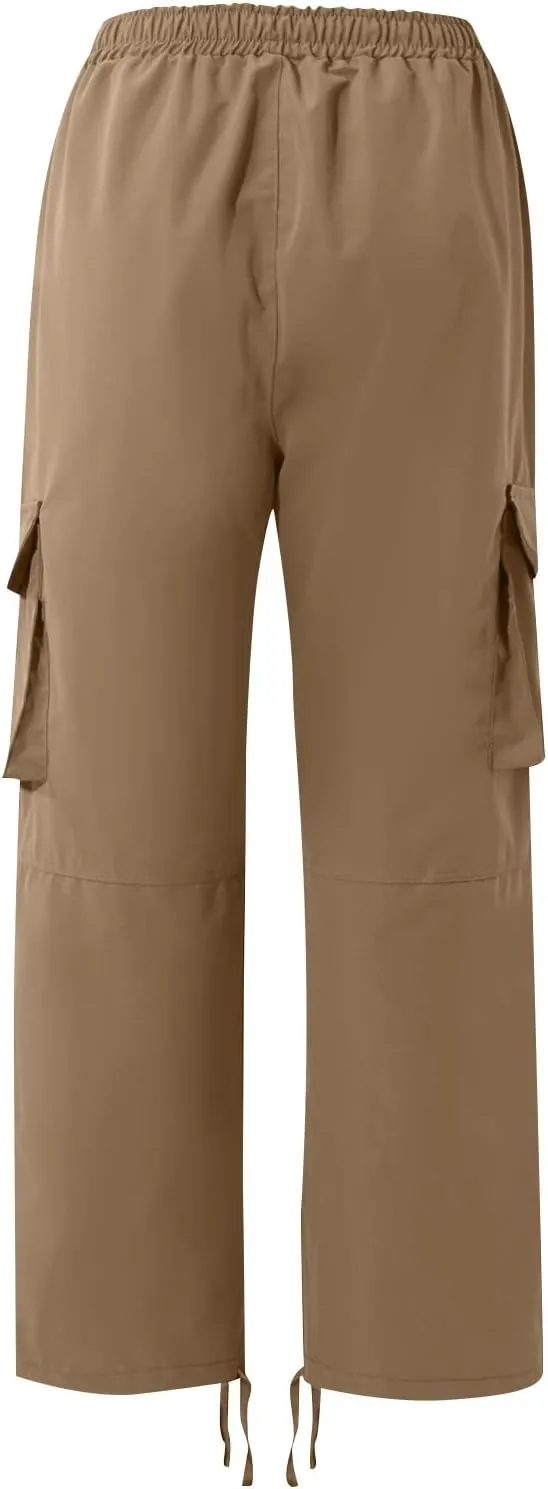 WENKOMG1 Mens Cotton Cargo Pants,Solid Elastic Waist Straight Leg Slacks Drawstring Trousers Slim Fit Bottoms for Men