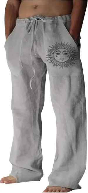 WENKOMG1 Mens Cotton Linen Pants,Wide Leg Drawstring Closure Pull On Trousers Loose Fit Baggy Lounge Wide Leg Bottoms