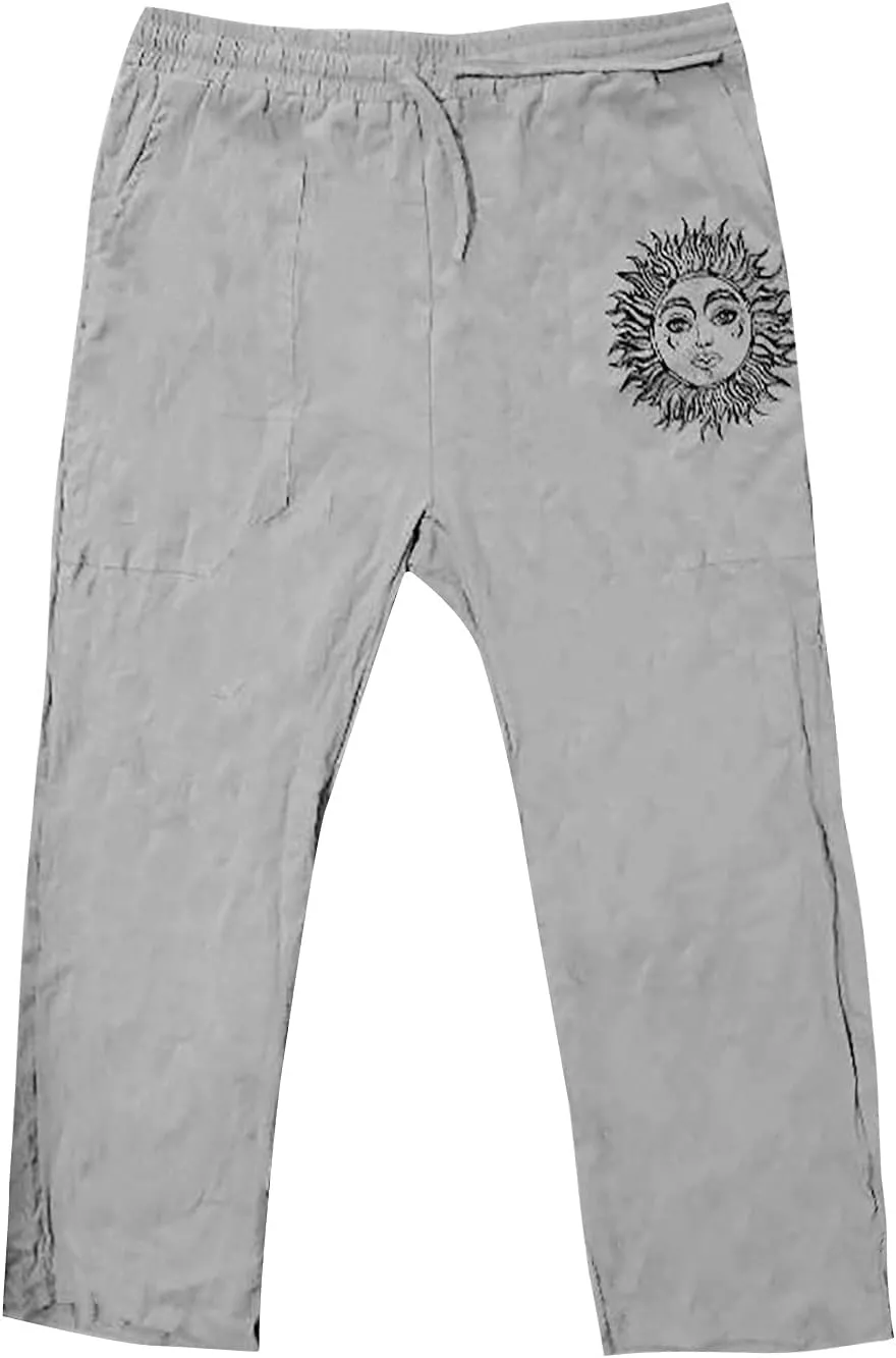 WENKOMG1 Mens Cotton Linen Pants,Wide Leg Drawstring Closure Pull On Trousers Loose Fit Baggy Lounge Wide Leg Bottoms