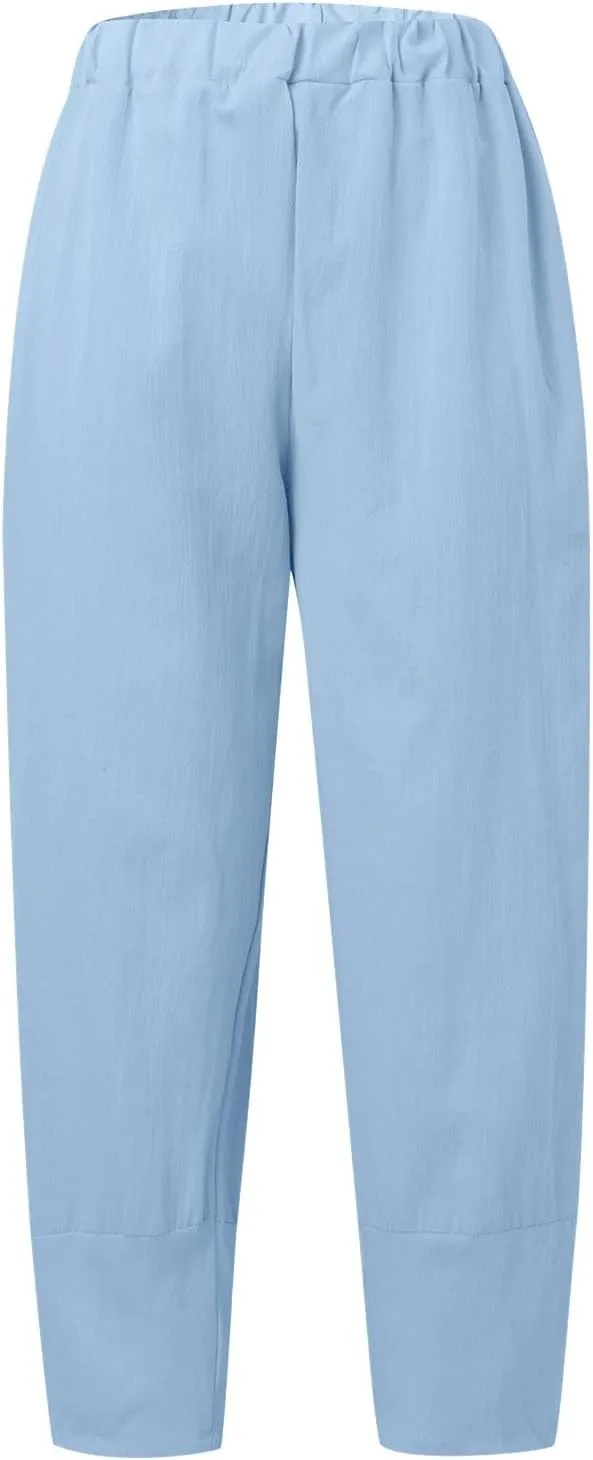 Wide Leg Cropped Cotton Linen Palazzo Pants for Women Summer Elastic Waist Crop Pants Casual Beach Trousers Pockets