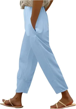 Wide Leg Cropped Cotton Linen Palazzo Pants for Women Summer Elastic Waist Crop Pants Casual Beach Trousers Pockets