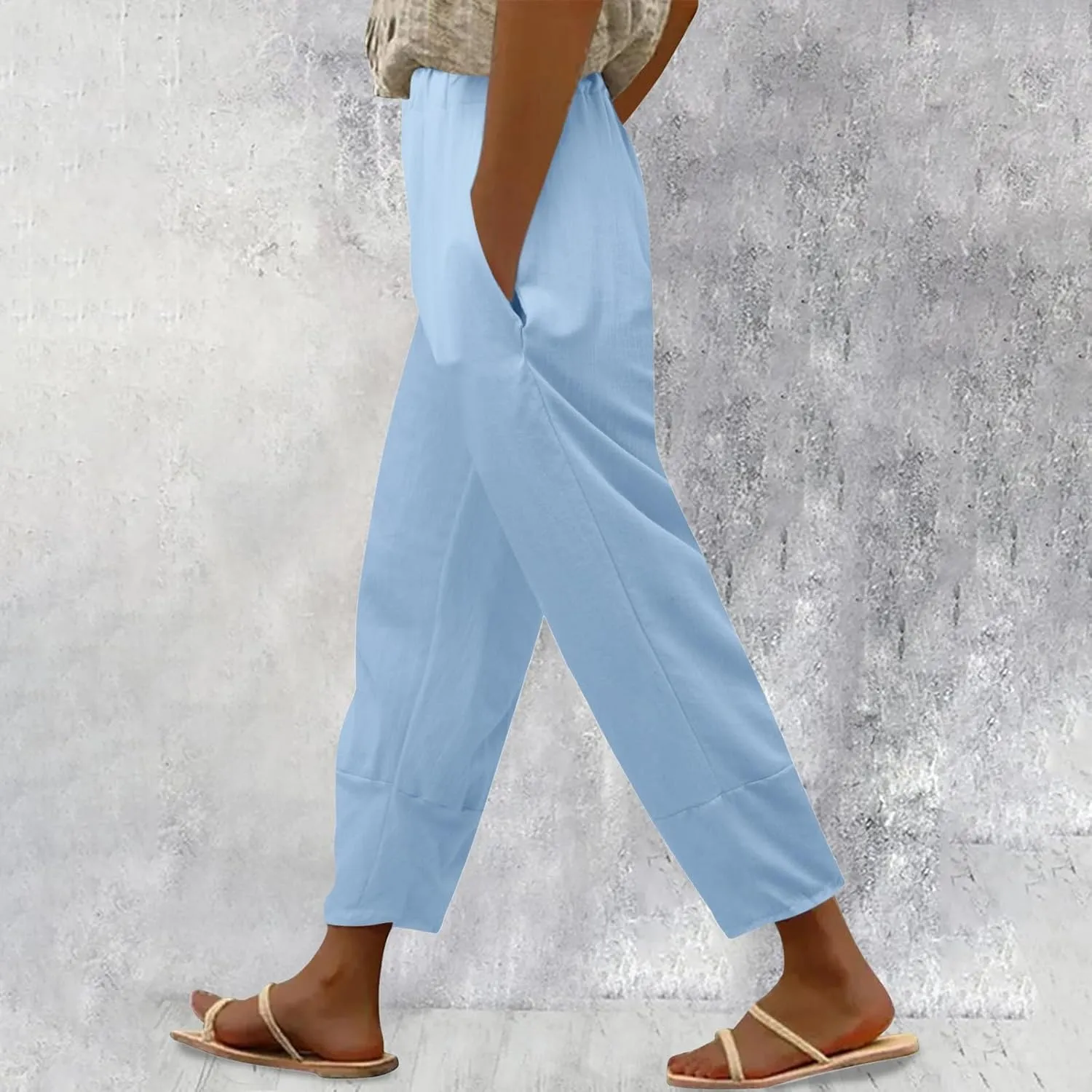 Wide Leg Cropped Cotton Linen Palazzo Pants for Women Summer Elastic Waist Crop Pants Casual Beach Trousers Pockets
