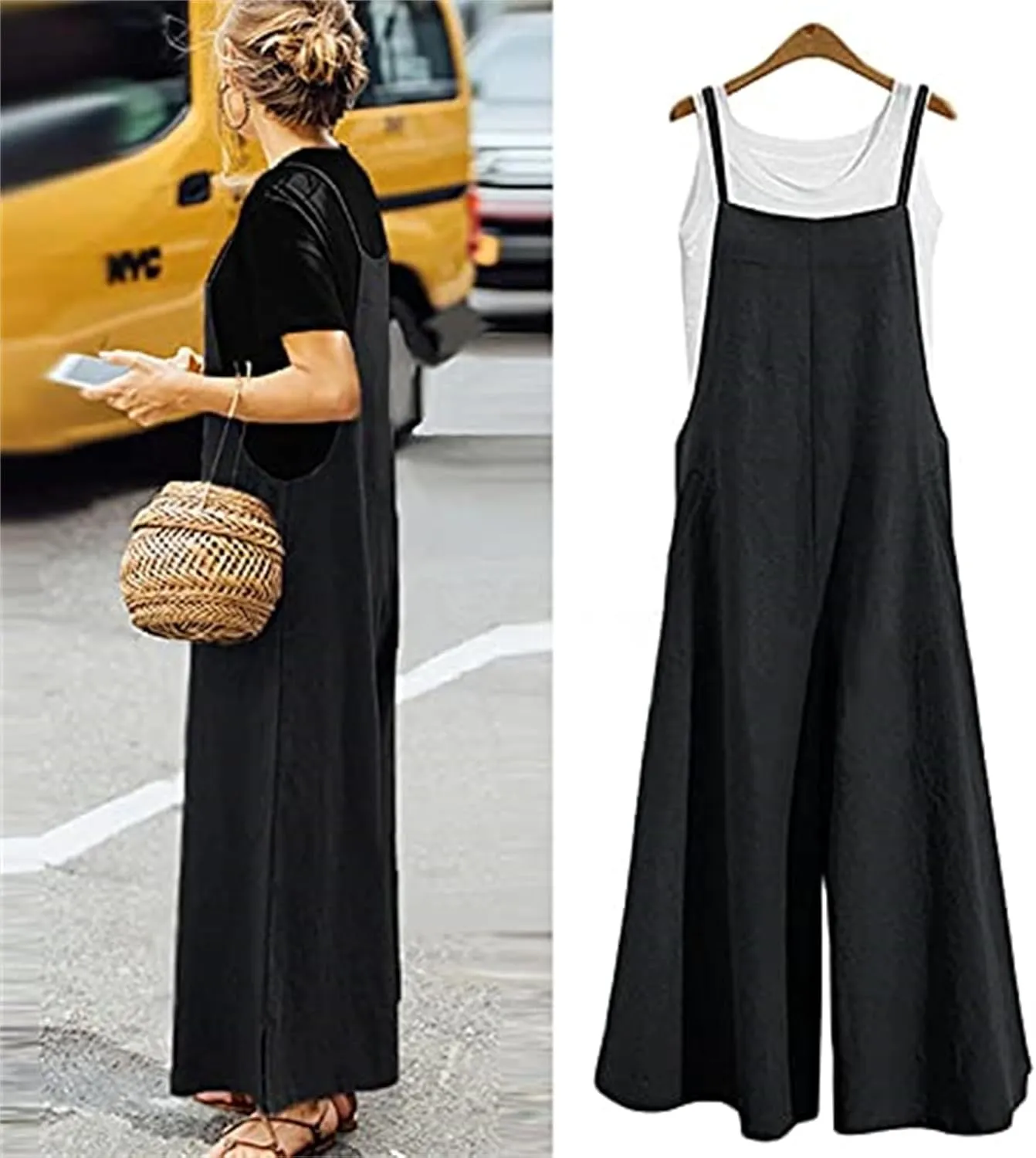 Wide Leg Jumpsuits for Women Summer Cotton Linen Casual Overalls Breathable Loose Rompers Long Boho Bib Pants