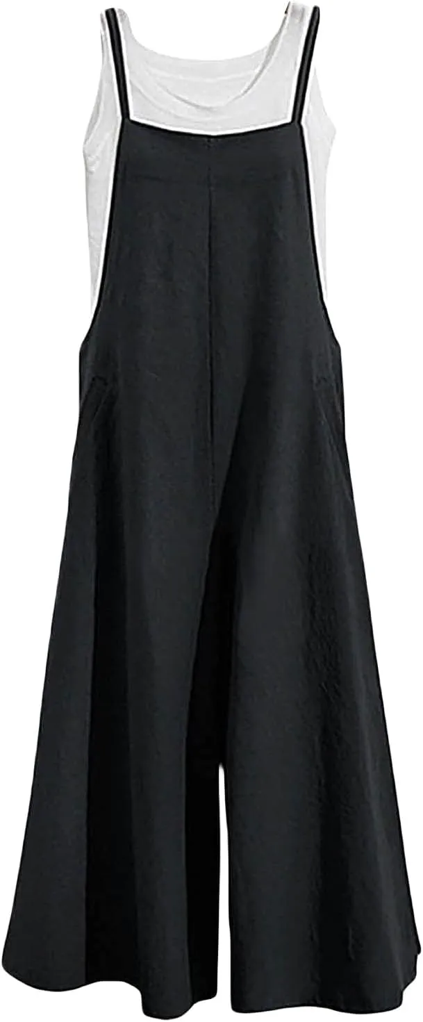 Wide Leg Jumpsuits for Women Summer Cotton Linen Casual Overalls Breathable Loose Rompers Long Boho Bib Pants