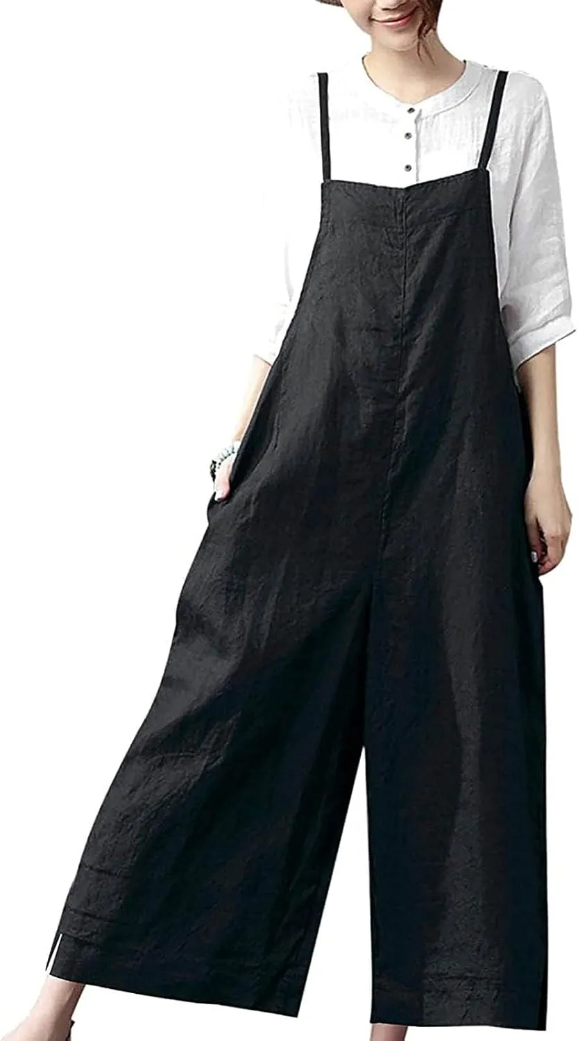 Wide Leg Jumpsuits for Women Summer Cotton Linen Casual Overalls Breathable Loose Rompers Long Boho Bib Pants