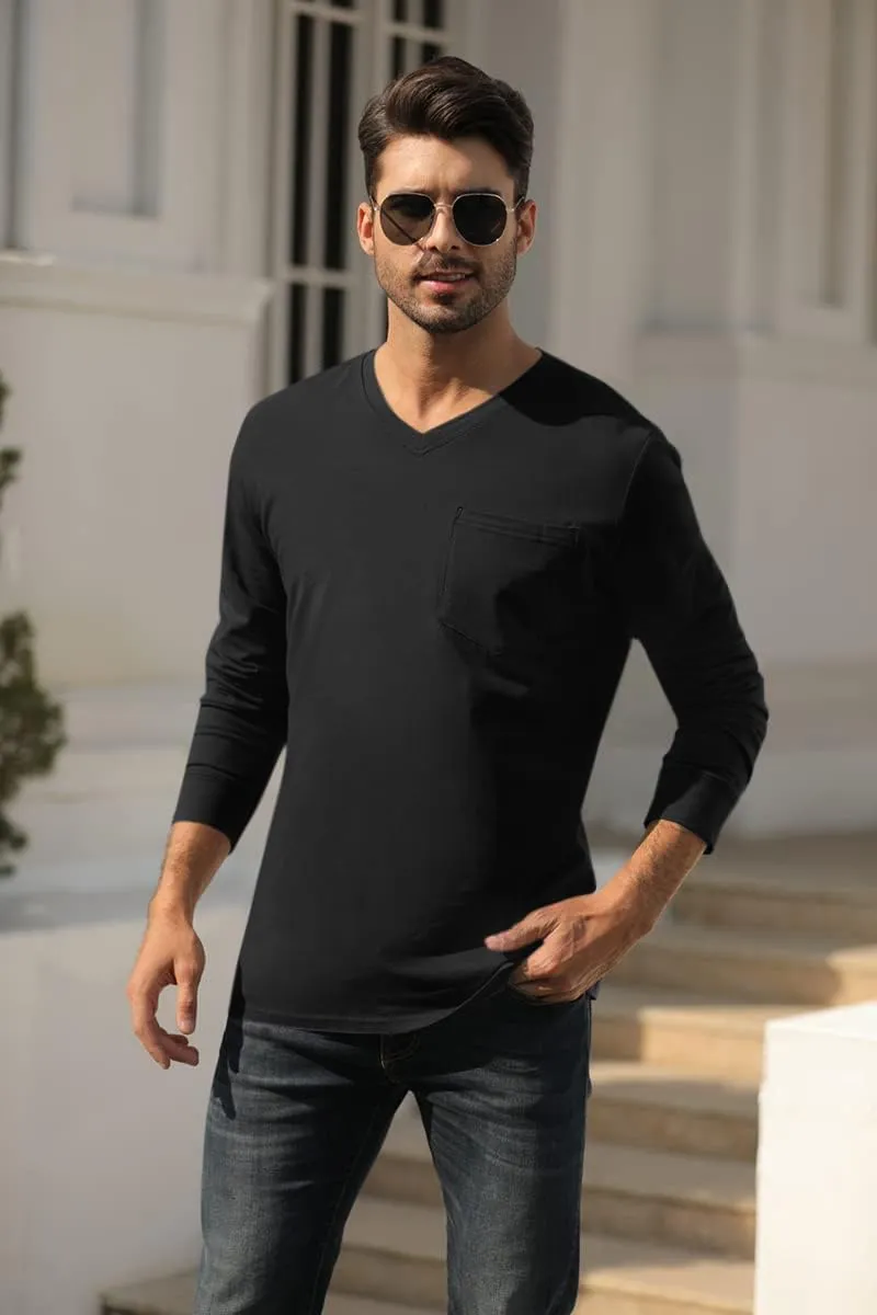 Wihion Men's Long Sleeve V-Neck Tee Shirt Tops with Pocket