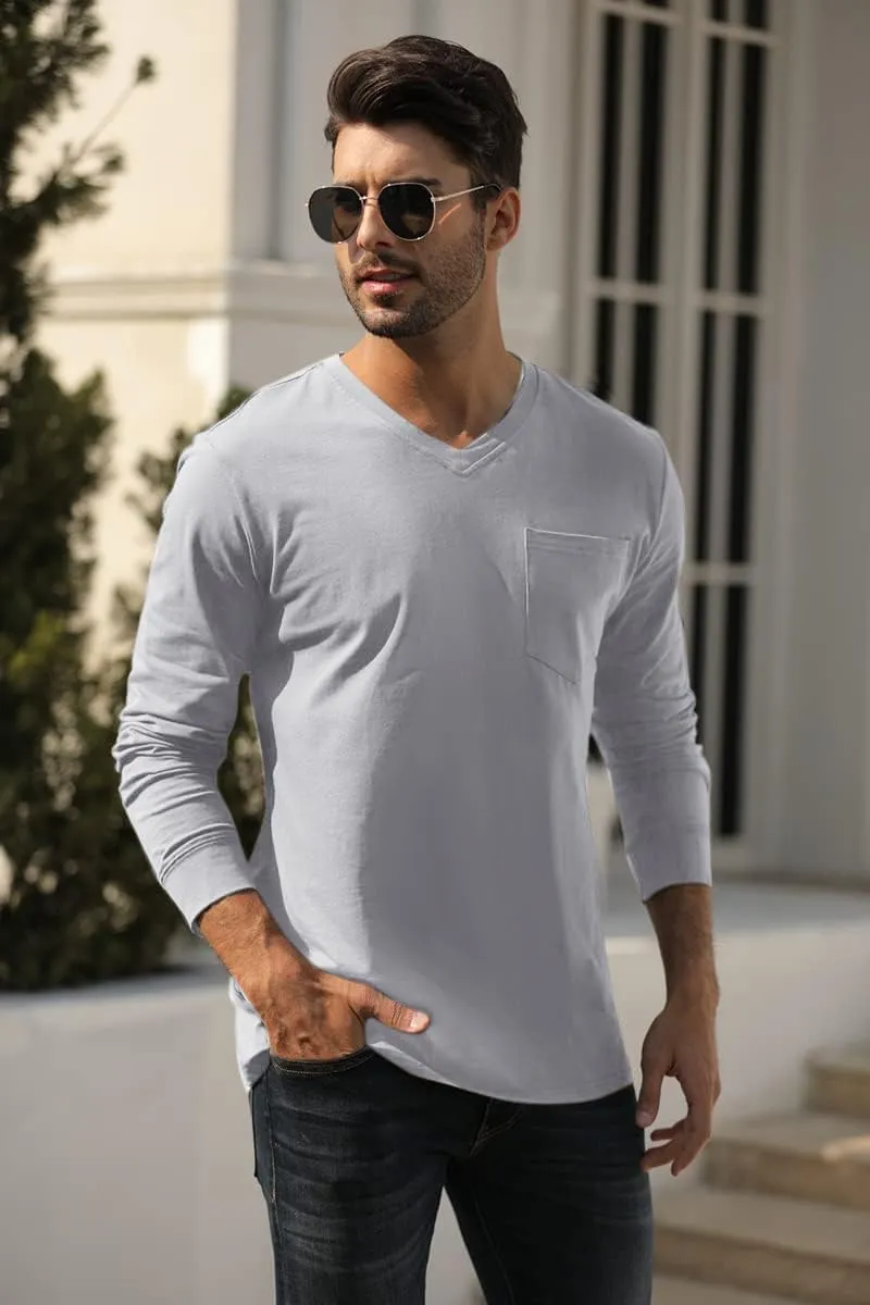 Wihion Men's Long Sleeve V-Neck Tee Shirt Tops with Pocket