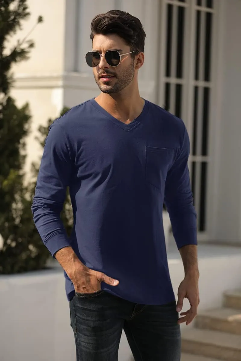 Wihion Men's Long Sleeve V-Neck Tee Shirt Tops with Pocket