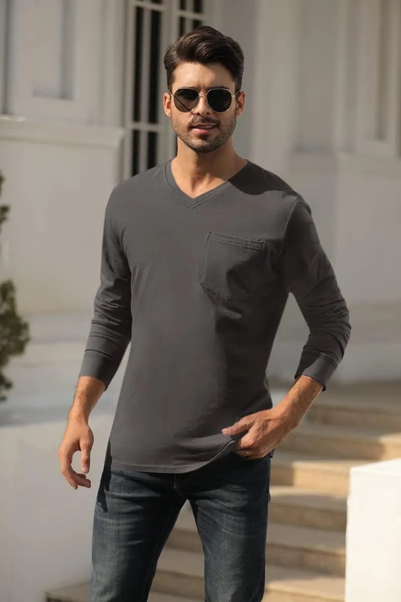 Wihion Men's Long Sleeve V-Neck Tee Shirt Tops with Pocket