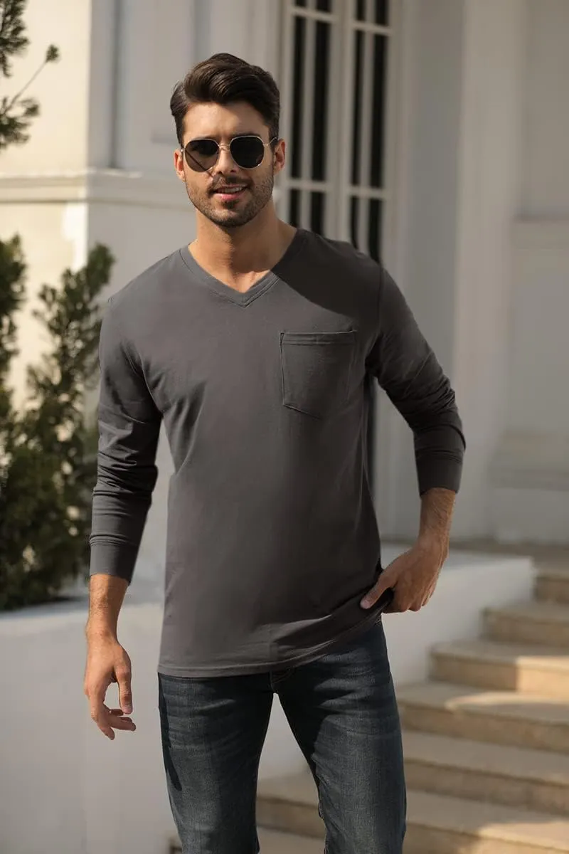 Wihion Men's Long Sleeve V-Neck Tee Shirt Tops with Pocket