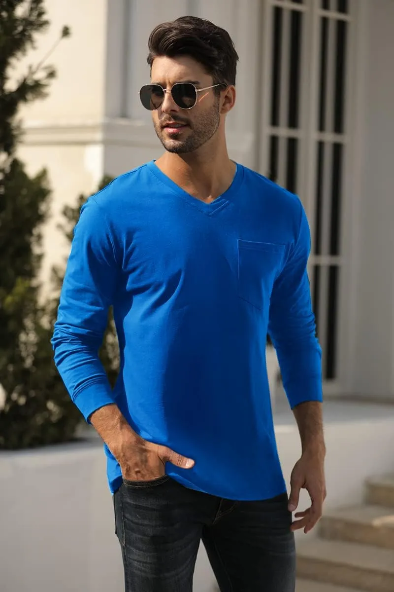 Wihion Men's Long Sleeve V-Neck Tee Shirt Tops with Pocket