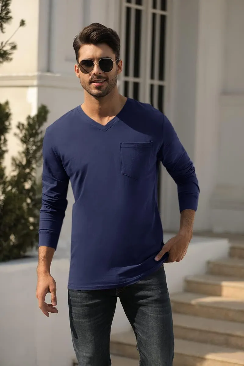 Wihion Men's Long Sleeve V-Neck Tee Shirt Tops with Pocket