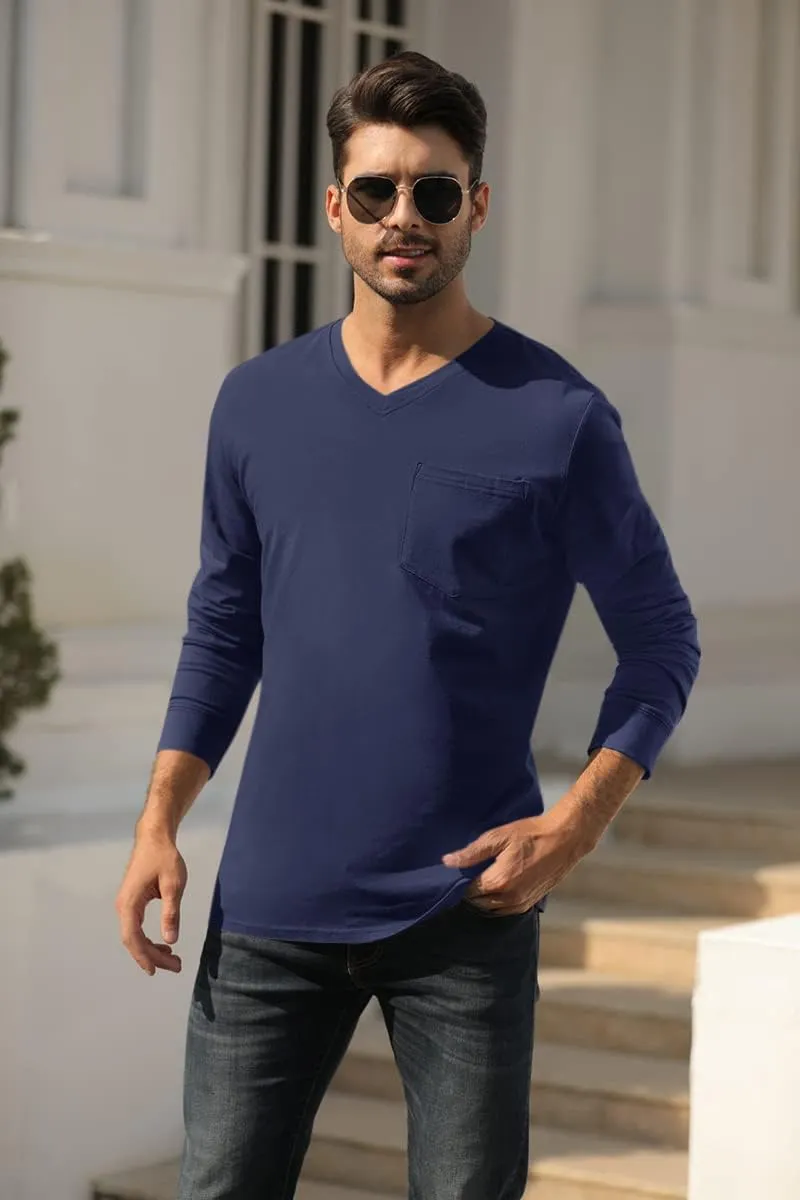 Wihion Men's Long Sleeve V-Neck Tee Shirt Tops with Pocket