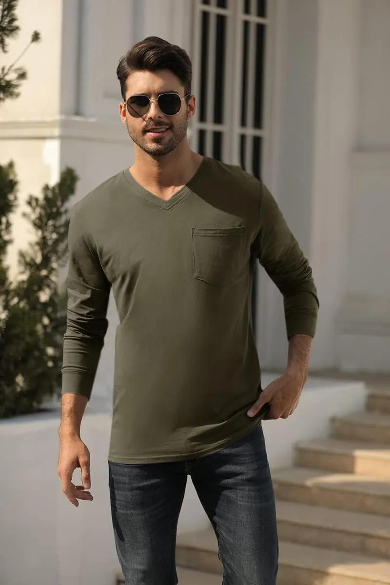Wihion Men's Long Sleeve V-Neck Tee Shirt Tops with Pocket