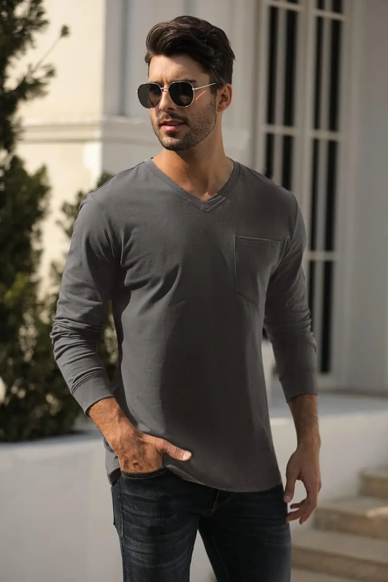 Wihion Men's Long Sleeve V-Neck Tee Shirt Tops with Pocket