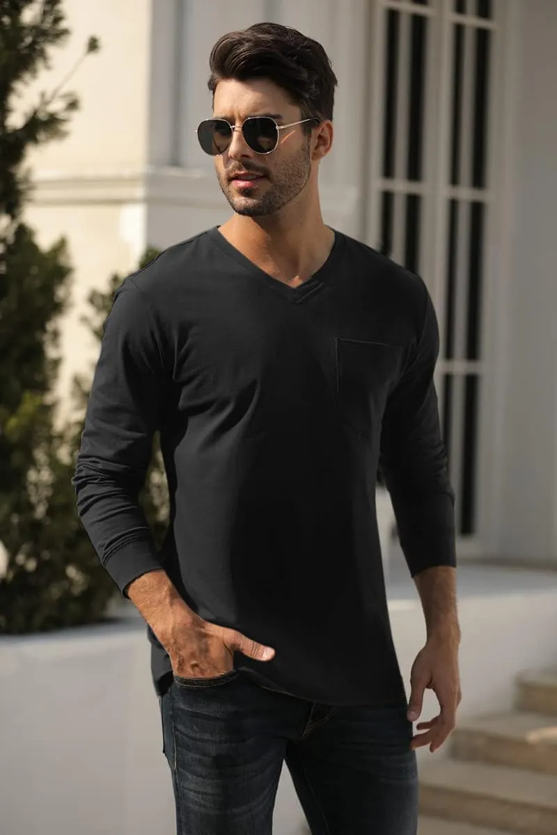 Wihion Men's Long Sleeve V-Neck Tee Shirt Tops with Pocket