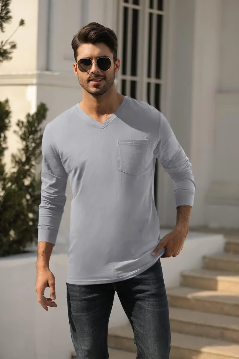 Wihion Men's Long Sleeve V-Neck Tee Shirt Tops with Pocket