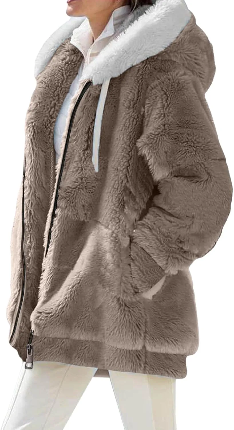 Winter Coats for Women Color Block Hooded Fleece Jacket Full Zip Long Sleeve Cardigan Coat 2024 Plus Size Warm Outwear