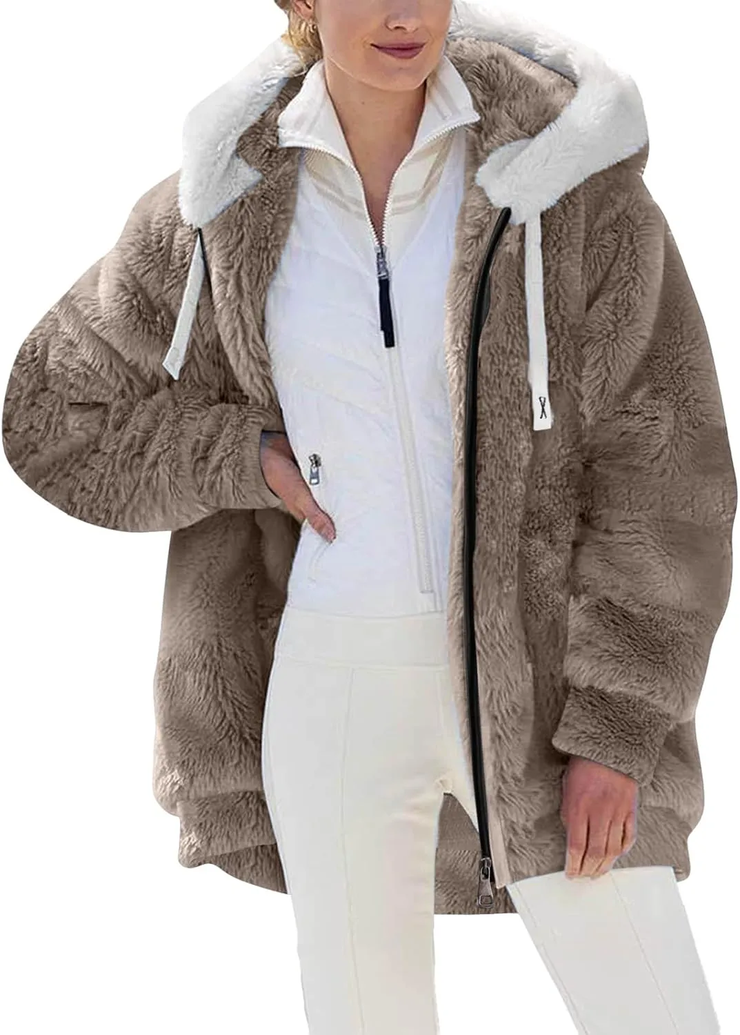 Winter Coats for Women Color Block Hooded Fleece Jacket Full Zip Long Sleeve Cardigan Coat 2024 Plus Size Warm Outwear