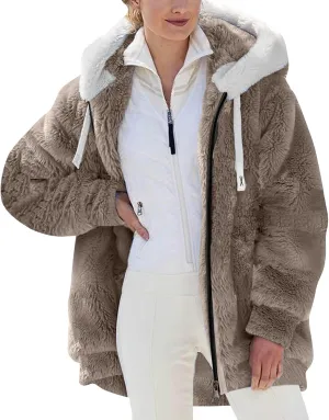 Winter Coats for Women Color Block Hooded Fleece Jacket Full Zip Long Sleeve Cardigan Coat 2024 Plus Size Warm Outwear