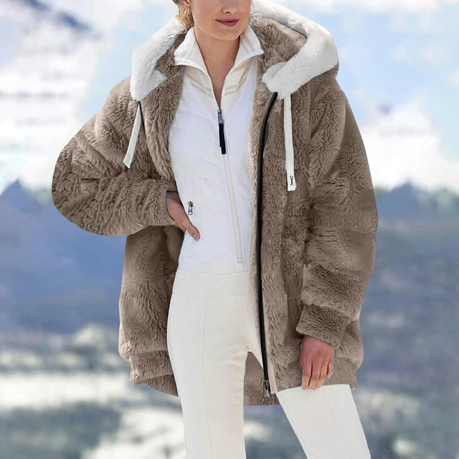 Winter Coats for Women Color Block Hooded Fleece Jacket Full Zip Long Sleeve Cardigan Coat 2024 Plus Size Warm Outwear