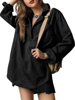 Women Denim Pullover Oversized Jean Shirt Top V Neck Long Sleeve Jacket Casual Jean Shacket with Pocket