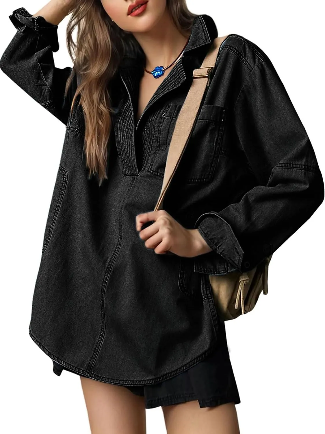 Women Denim Pullover Oversized Jean Shirt Top V Neck Long Sleeve Jacket Casual Jean Shacket with Pocket