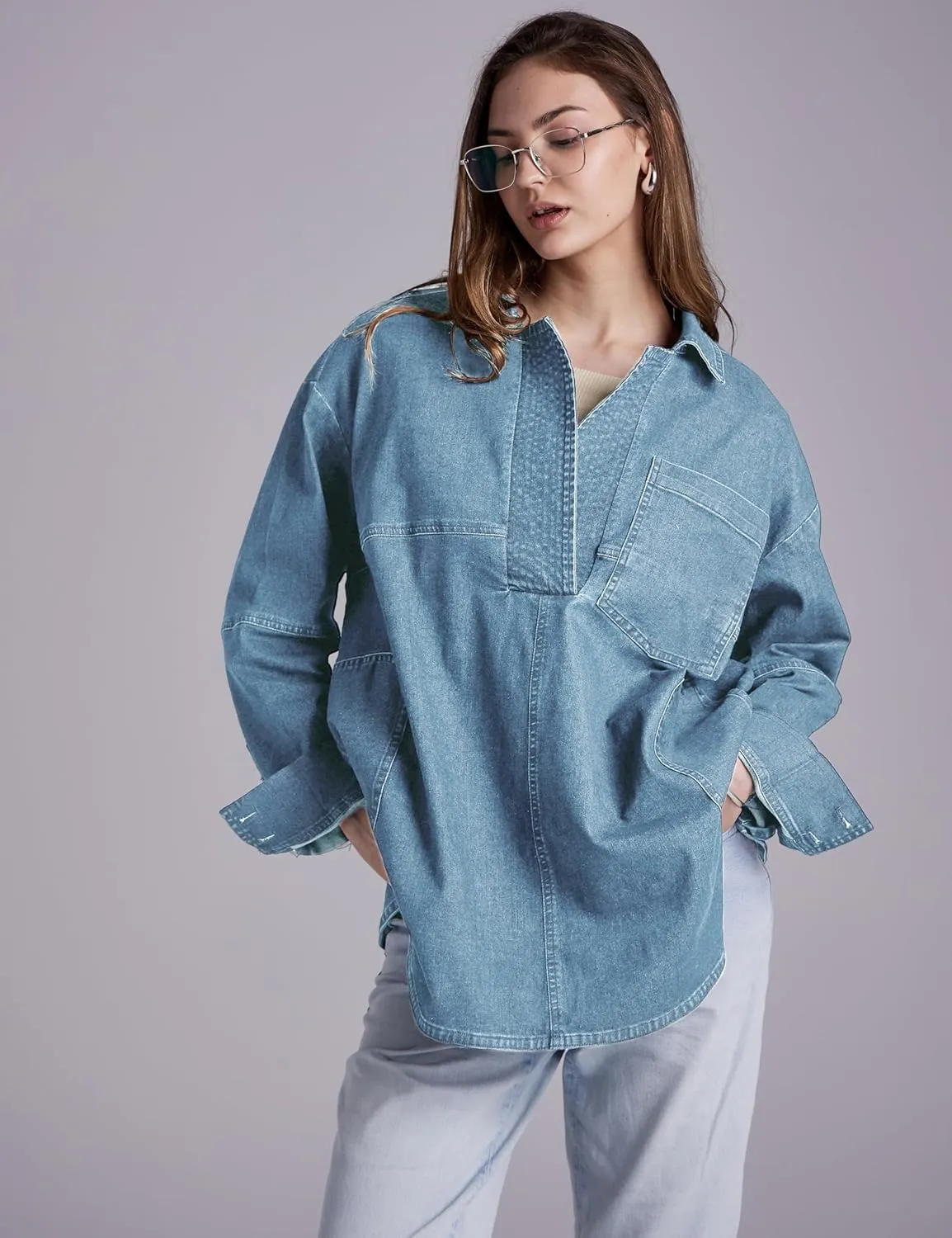 Women Denim Pullover Oversized Jean Shirt Top V Neck Long Sleeve Jacket Casual Jean Shacket with Pocket