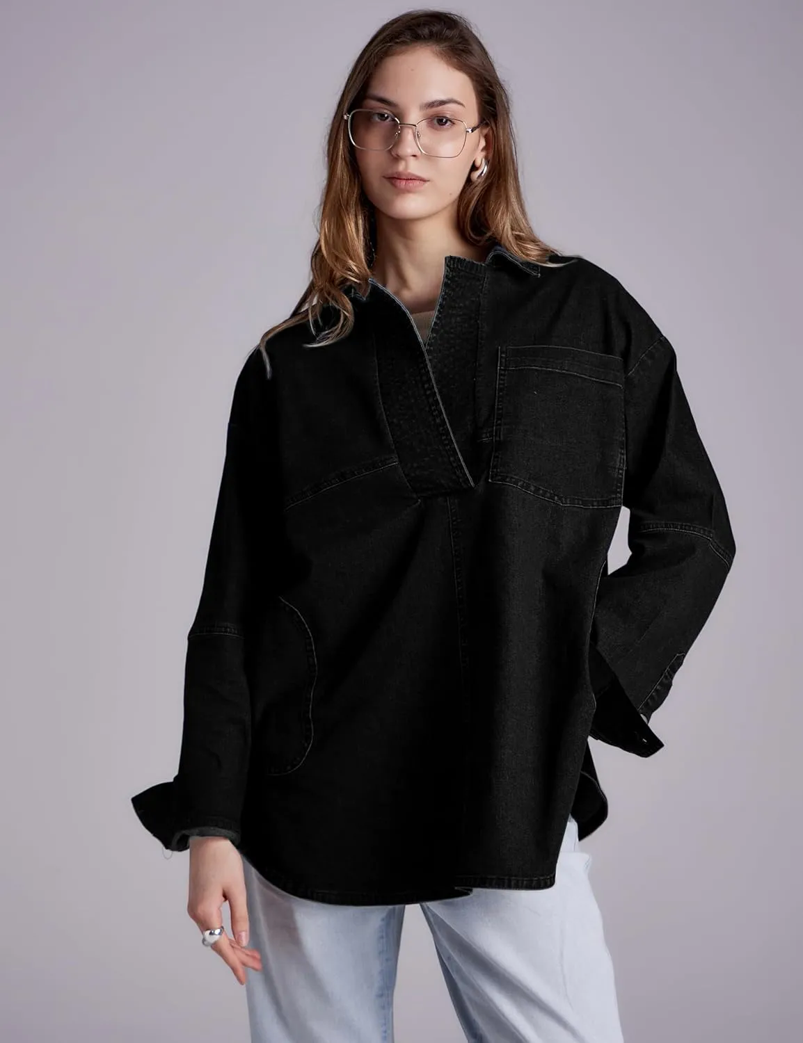 Women Denim Pullover Oversized Jean Shirt Top V Neck Long Sleeve Jacket Casual Jean Shacket with Pocket