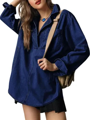 Women Denim Pullover Oversized Jean Shirt Top V Neck Long Sleeve Jacket Casual Jean Shacket with Pocket