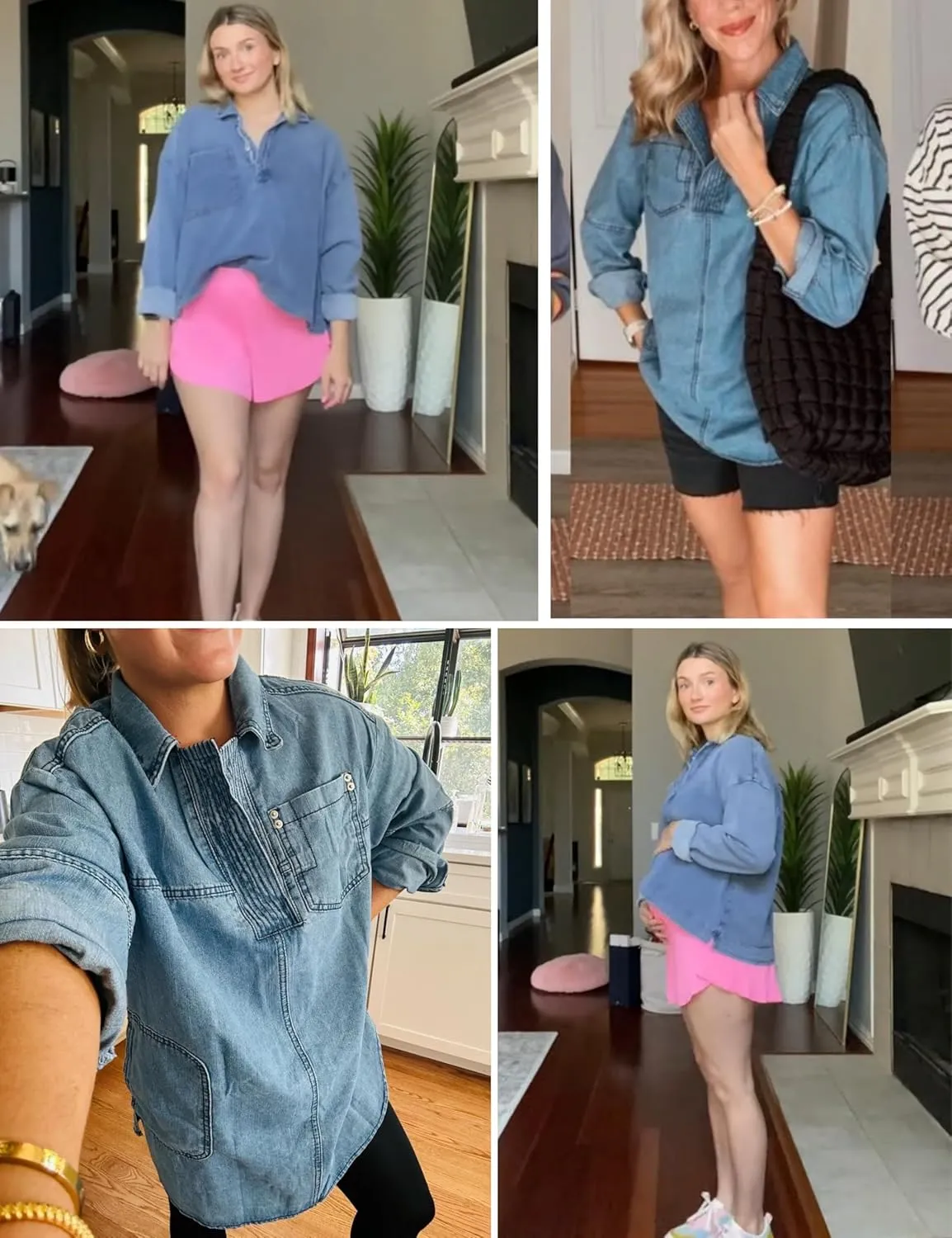 Women Denim Pullover Oversized Jean Shirt Top V Neck Long Sleeve Jacket Casual Jean Shacket with Pocket