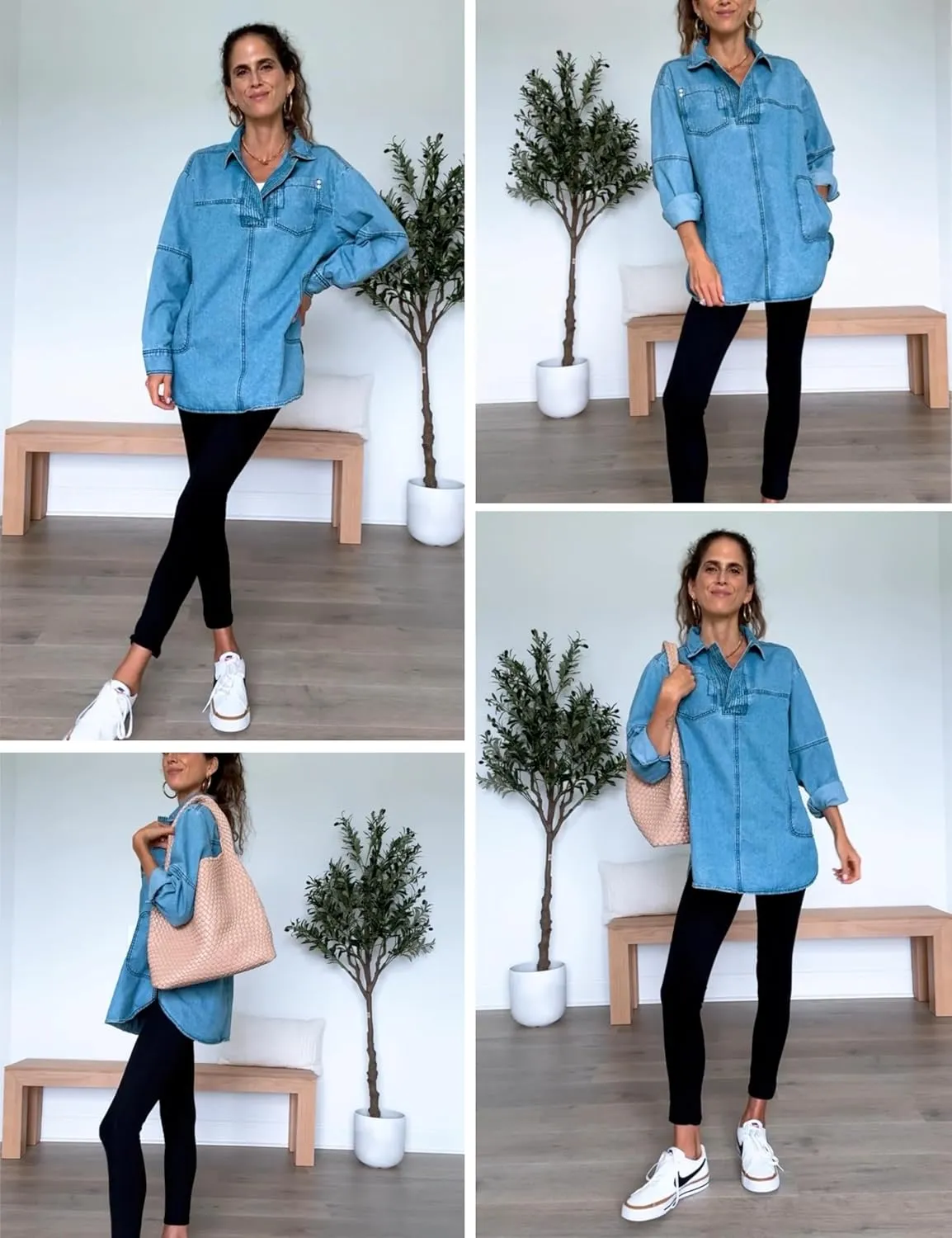 Women Denim Pullover Oversized Jean Shirt Top V Neck Long Sleeve Jacket Casual Jean Shacket with Pocket