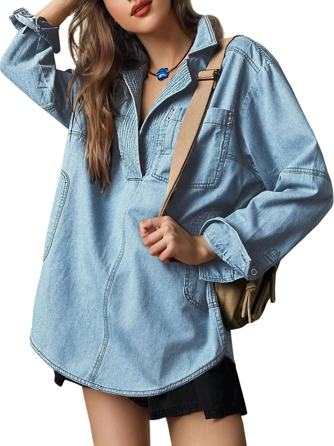 Women Denim Pullover Oversized Jean Shirt Top V Neck Long Sleeve Jacket Casual Jean Shacket with Pocket