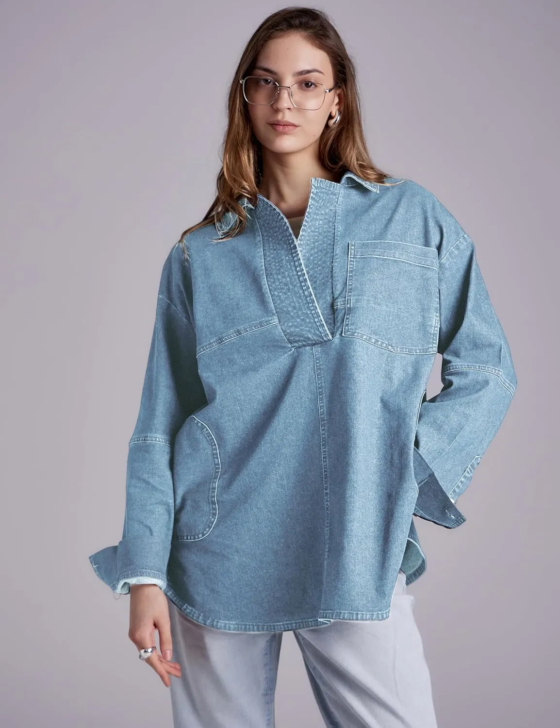 Women Denim Pullover Oversized Jean Shirt Top V Neck Long Sleeve Jacket Casual Jean Shacket with Pocket