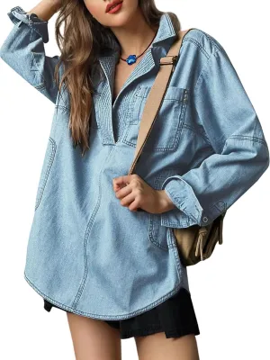 Women Denim Pullover Oversized Jean Shirt Top V Neck Long Sleeve Jacket Casual Jean Shacket with Pocket
