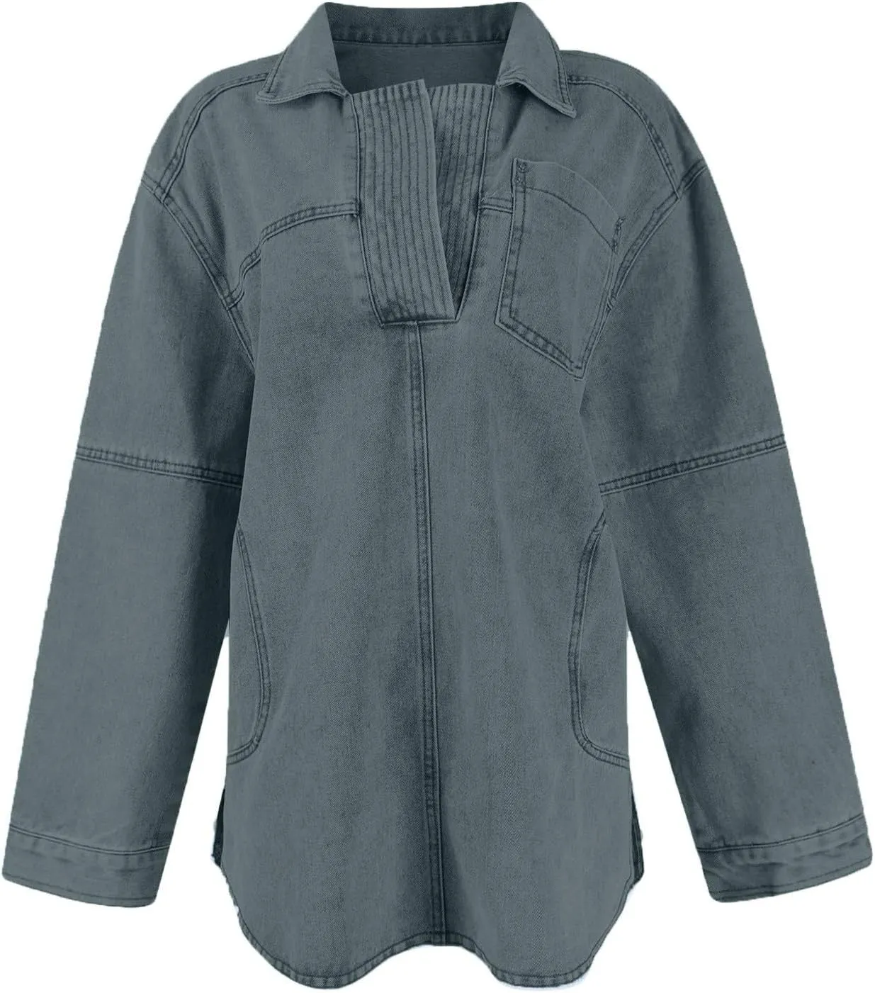 Women Denim Shirts Fall Lapel V Neck Button Up Shacket Jackets Lightweight Boyfriend Jean Pullover Tops