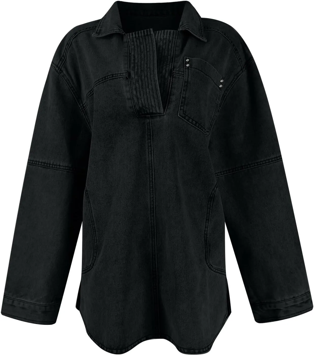 Women Denim Shirts Fall Lapel V Neck Button Up Shacket Jackets Lightweight Boyfriend Jean Pullover Tops
