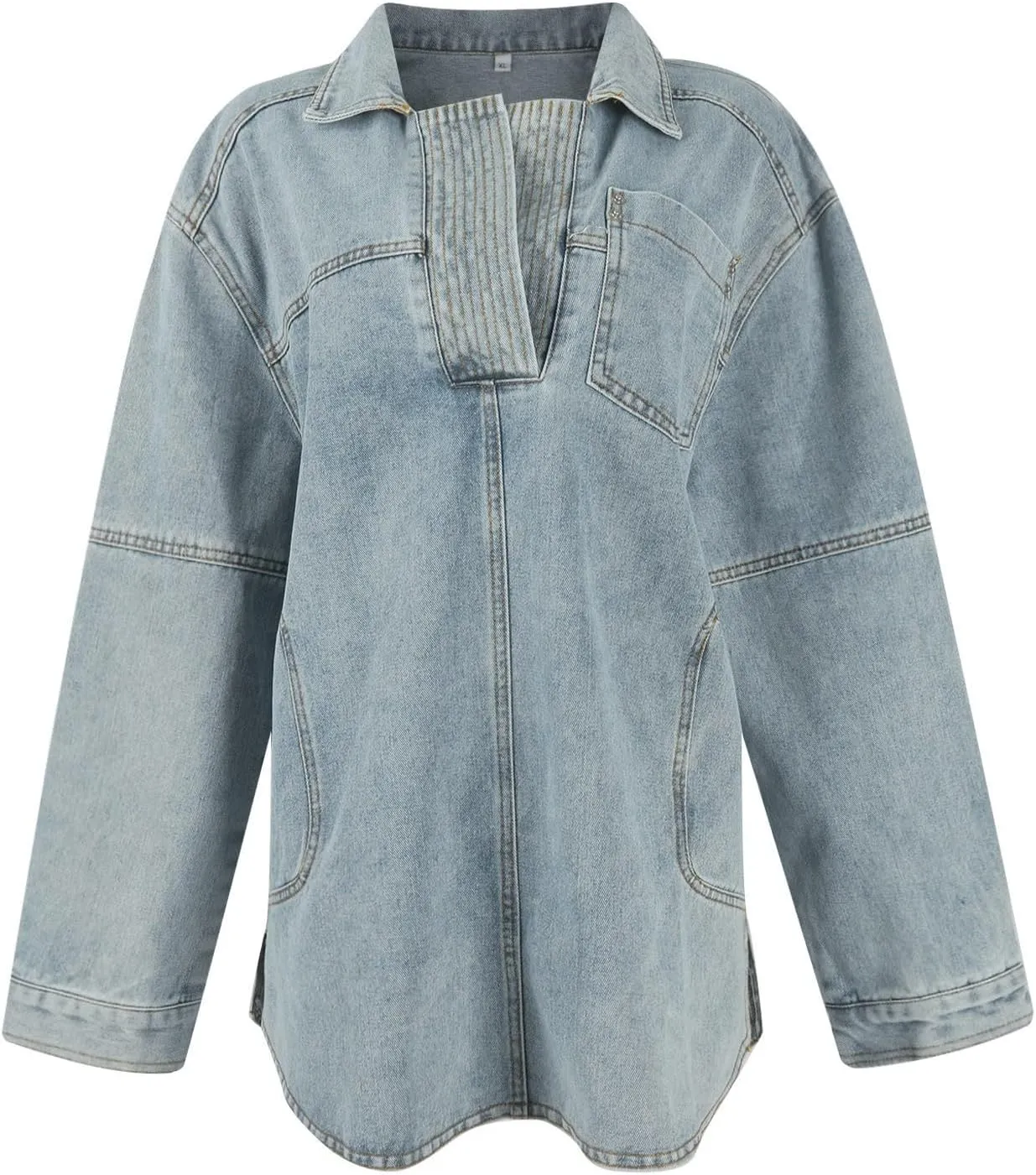 Women Denim Shirts Fall Lapel V Neck Button Up Shacket Jackets Lightweight Boyfriend Jean Pullover Tops